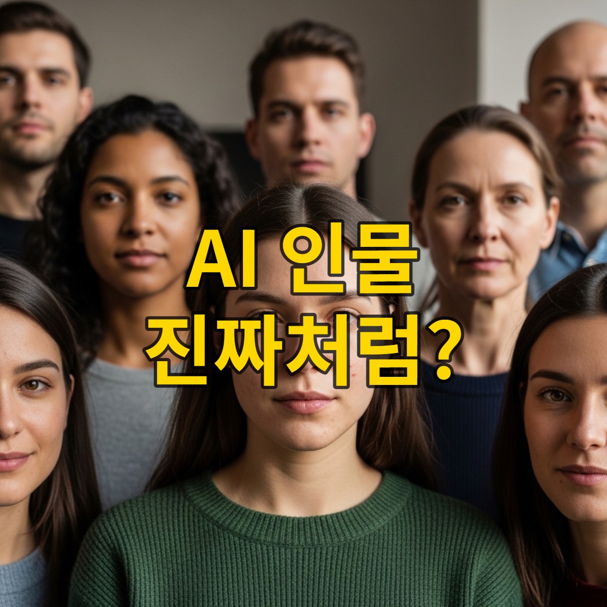 다양한 인종과 연령대의 사람들이 자연스러운 표정으로 카메라를 응시하는 극사실적인 인물 사진. 모공, 미세한 잡티, 솜털까지 섬세하게 표현된 피부 질감이 돋보이며, 부드러운 자연광이 따뜻한 분위기를 연출한다.