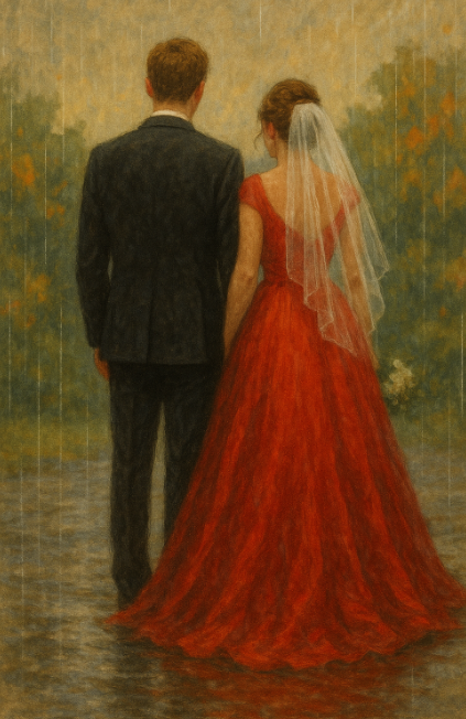 붉은 드레스를 입은 신부와 신랑