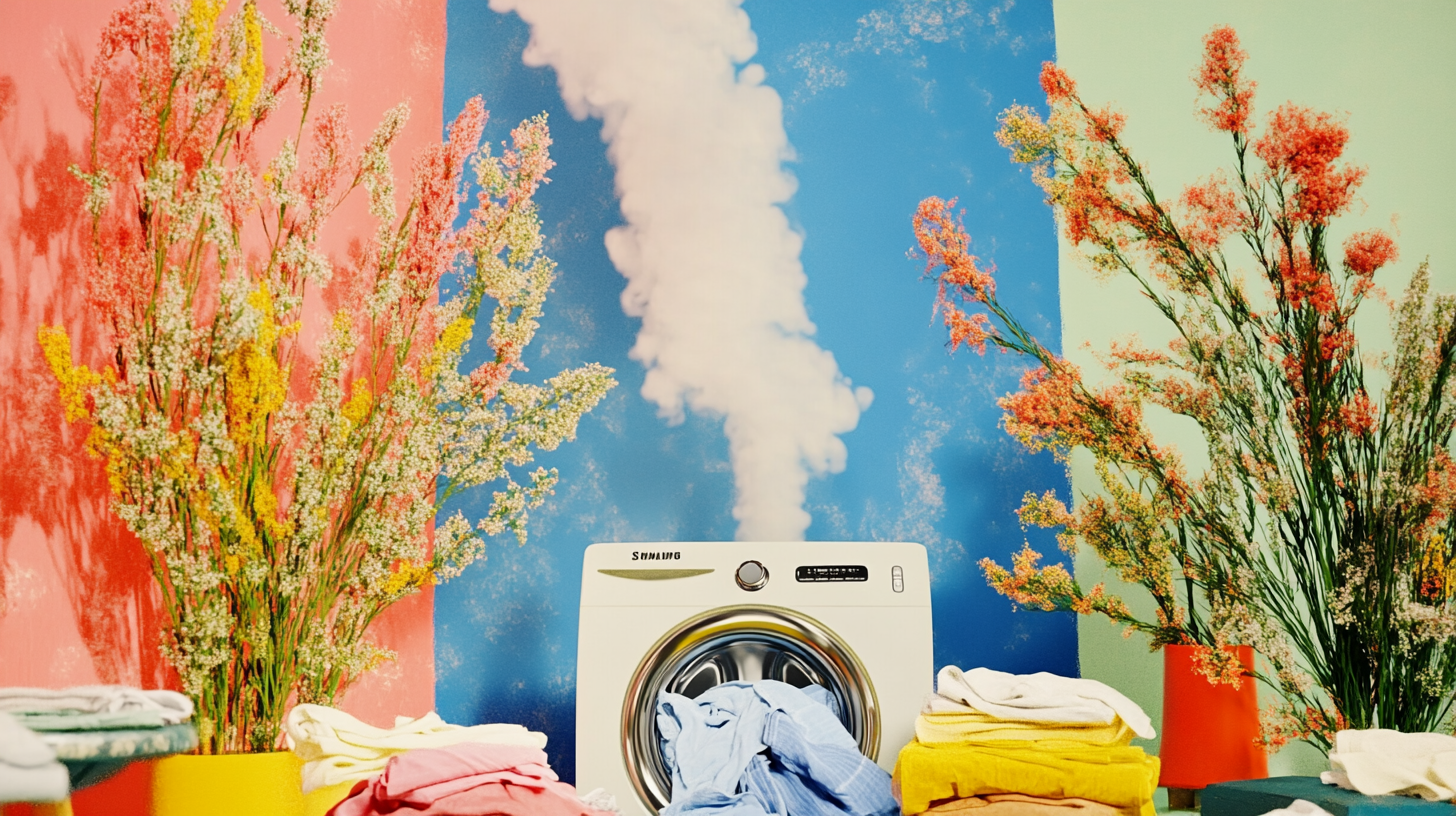 삼성 세탁기에서 나온 상쾌한 향의 세탁물, 부드럽고 향기로운 증기가 피어오르는 풍경, 생동감 있는 색채와 차분한 분위기