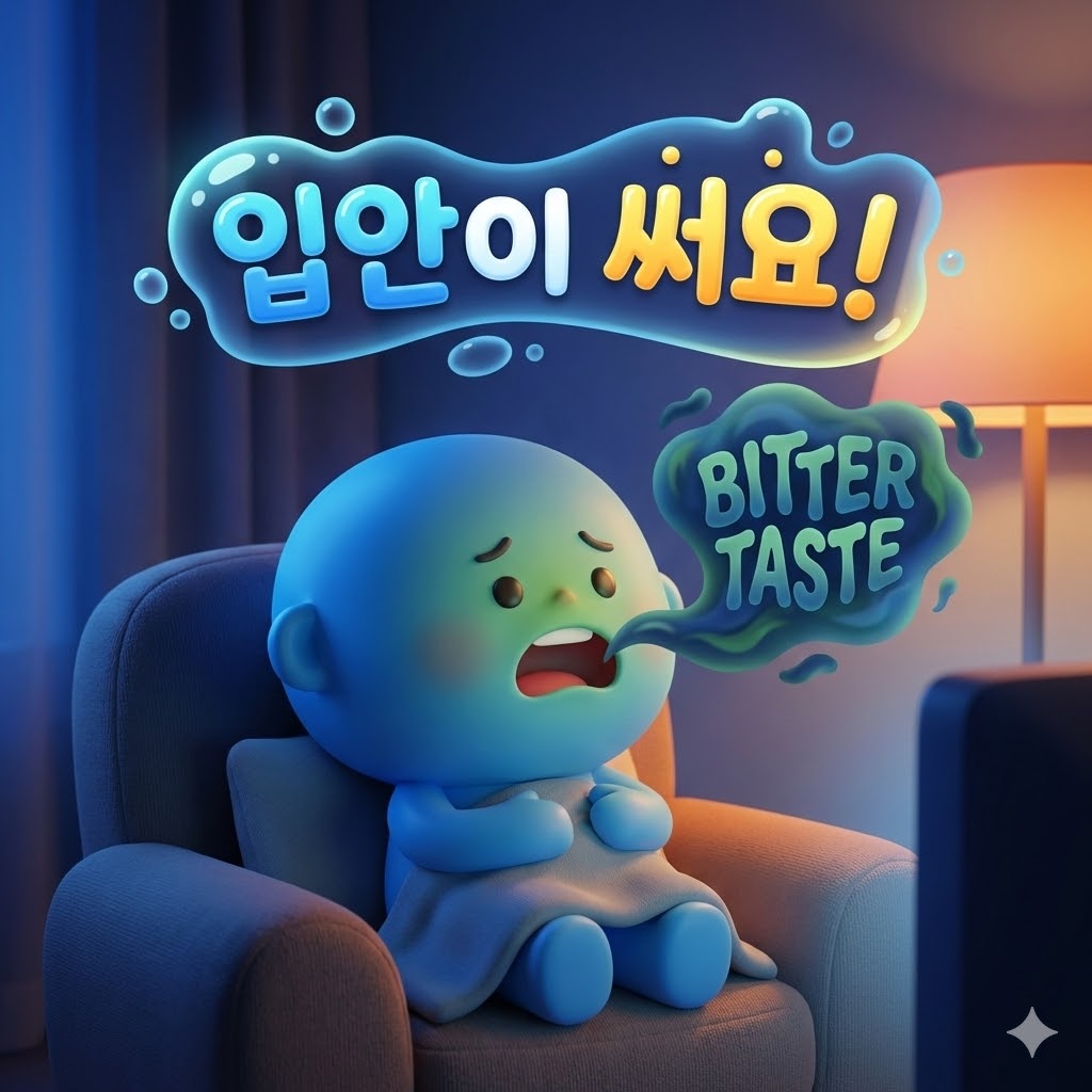 입안이 쓴맛으로 고통받는 귀여운 캐릭터의 3D 카툰 일러스트.