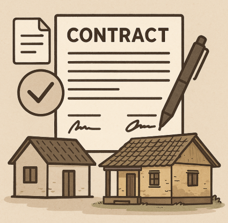 "시골 빈집 계약서 양식을 표현한 일러스트, 계약 문서와 서명란, 체크 아이콘과 펜, 그리고 두 채의 작은 시골 주택이 함께 배치된 디자인"