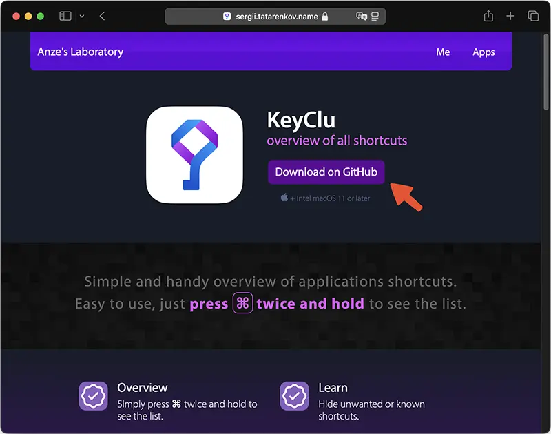KeyClu 공식 웹페이지 - GitHub 페이지로 연결된다.