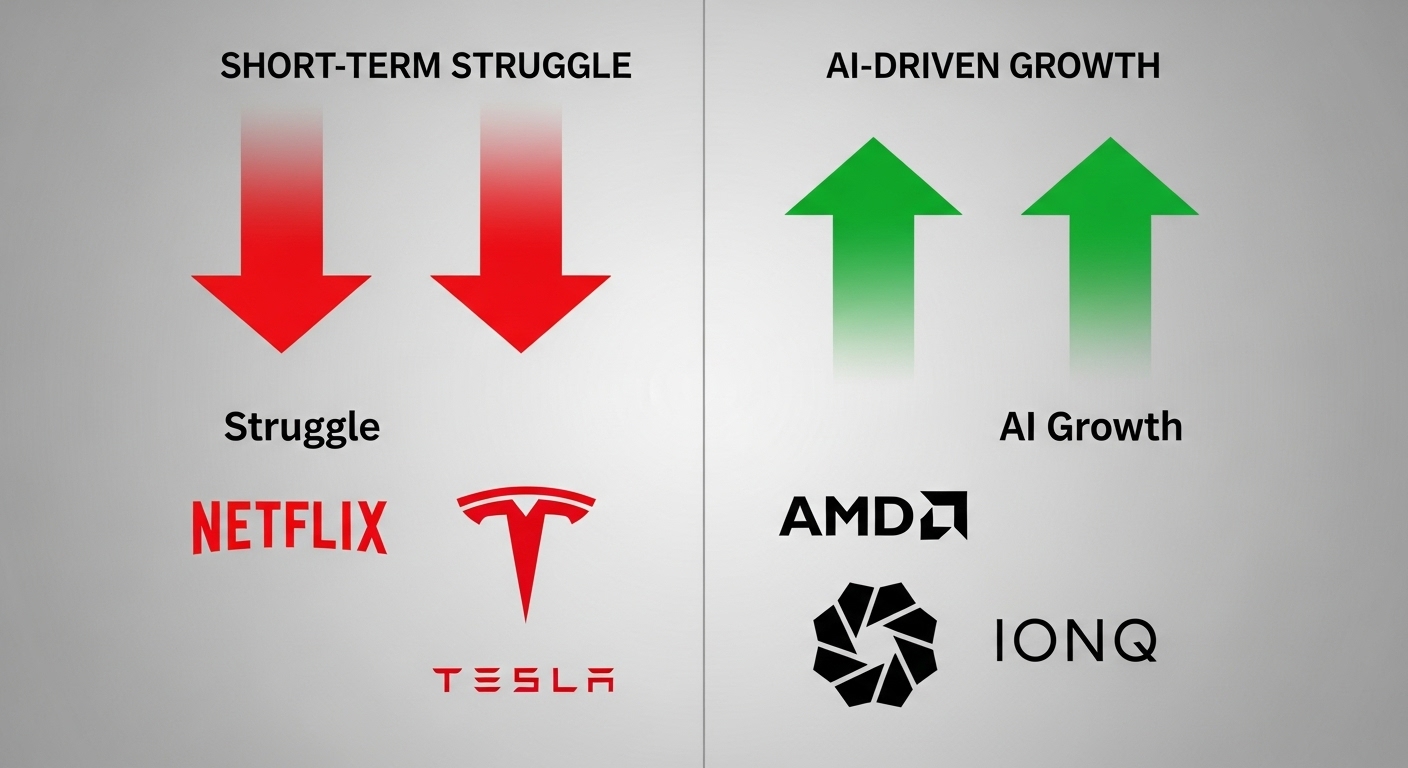 넷플릭스 로고와 테슬라 로고가 하락하는 그래프와, AMD, IONQ 로고가 상승하는 그래프가 대비되어, 성장주 내에서도 옥석 가리기가 필요함을 시각화