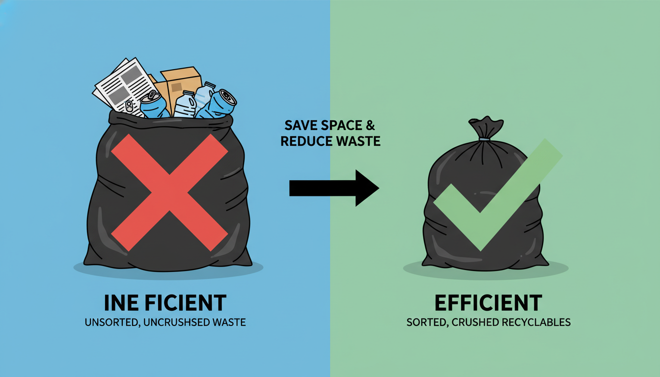 부피가 큰 잘못된 쓰레기 배출 방법과 압축해서 배출하는 올바른 방법 비교 일러스트