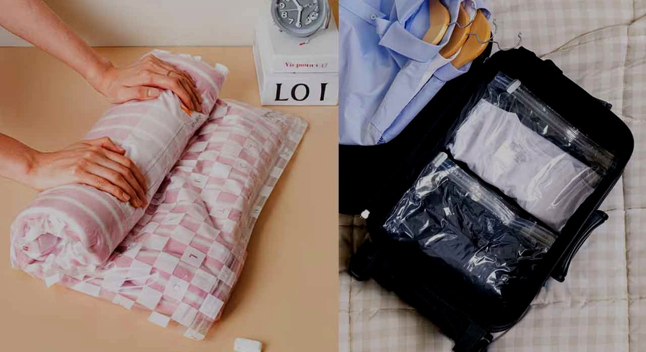 압축팩에 옷을 넣고 돌돌 말아 부피를 줄인 뒤 캐리어에 정리해 넣은 모습이다. [ⓒ다이소몰 공식 홈페이지]