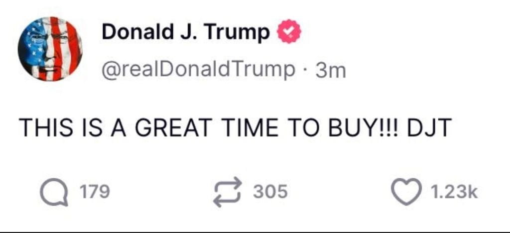 트럼프는 9일 뉴욕 증시가 개장한 오전 9시30분이 얼마 지나지 않아서 자신의 트루스소셜 계정에 “지금은 매수하기에 아주 좋은 때!! DJT”라는 글을 올렸다. 시장 조작 의혹이 제기된 이유다.