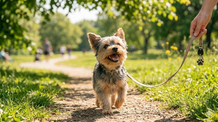 햇살 아래에서 산책하며 행복하게 웃고 있는 요크셔테리어 사진