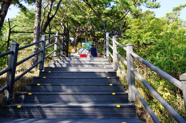 철망문 통과 올라가는 계단길, 앞 계단 끝에 남녀 한 쌍,