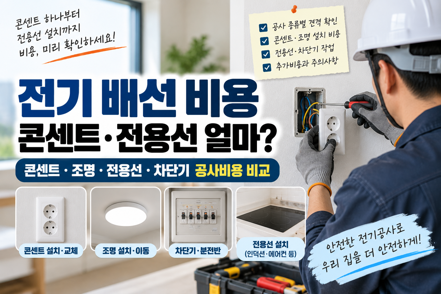 전기기사가 아파트 벽면의 콘센트와 전기배선을 점검하고 새 배선을 설치하며 전기공사 비용을 비교하는 모습