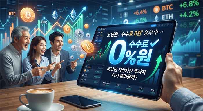 상승하는 가상자산 차트와 수수료 0원 화면을 보고 환호하는 투자자들.