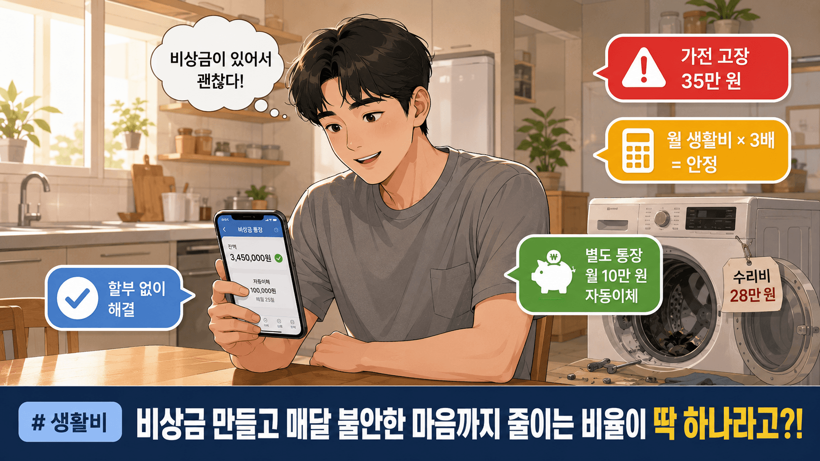비상금 적정 비율 기준표 &mdash; 생활비 대비 3단계 일러스트