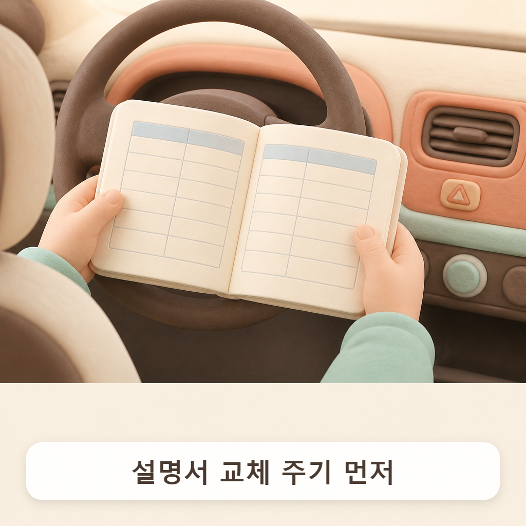 운전석에서 차량 설명서를 펼쳐 정비 주기 표를 보는 손