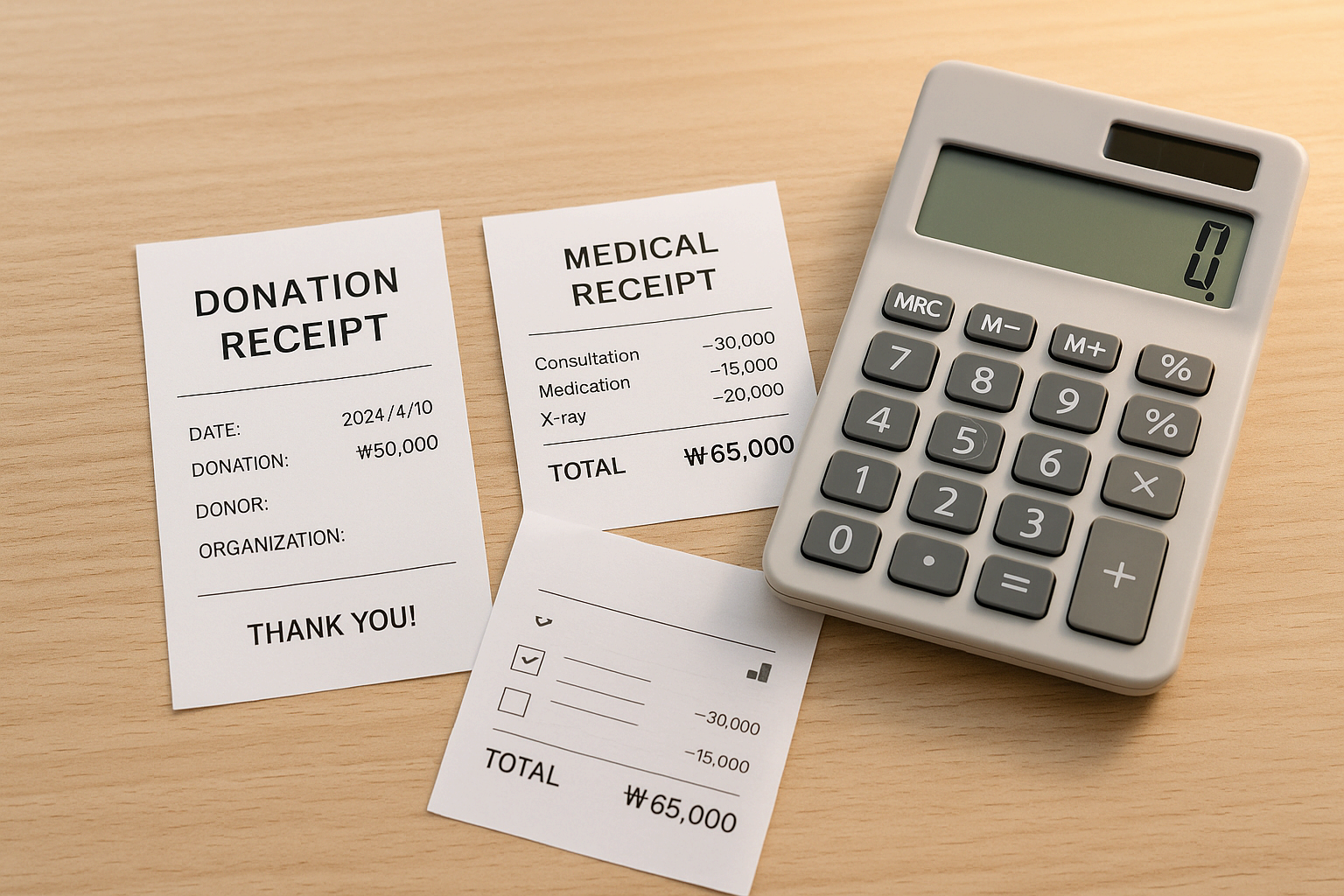 기부금과 의료비 영수증을 모아 세액공제를 준비하는 모습