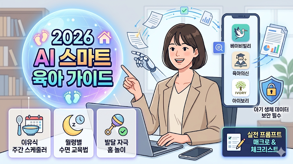 한 여성 상담사가 '2026 AI 스마트 육아 가이드'라고 적힌 화면을 가리키며 베이비빌리, 육아의신, 아이보리 등 주요 육아 플랫폼의 AI 기능과 실전 이유식&middot;수면 프롬프트 및 아기 생체 데이터 보안 수칙을 요약한 스마트한 인포그래픽 썸네일입니다.