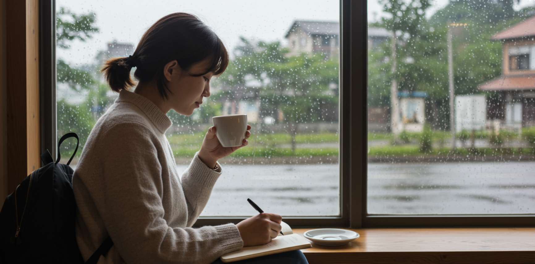카페에서 여유롭게 글 쓰는 여행자
