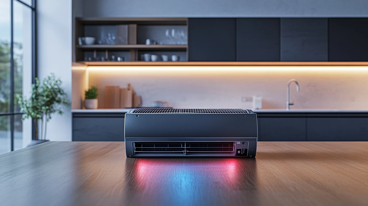 현대식 주방에서 중고 에어컨의 기계 결함과 수리 과정을 나타낸 이미지