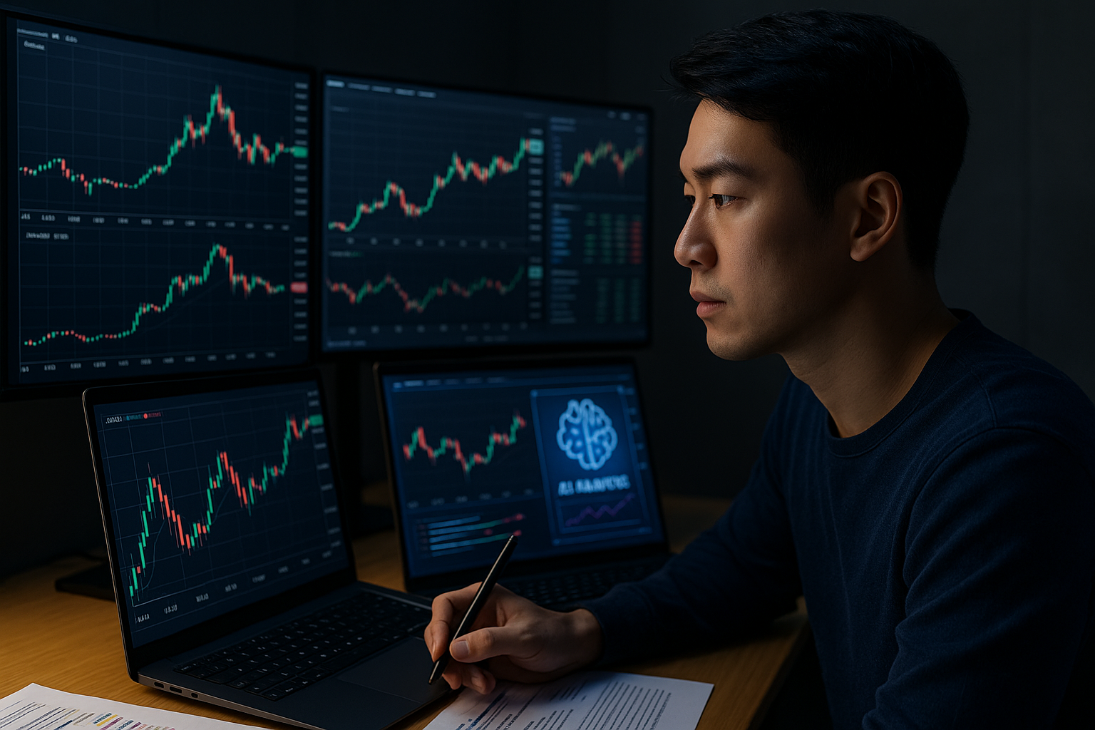 AI 분석 리포트를 확인 중인 젊은 트레이더