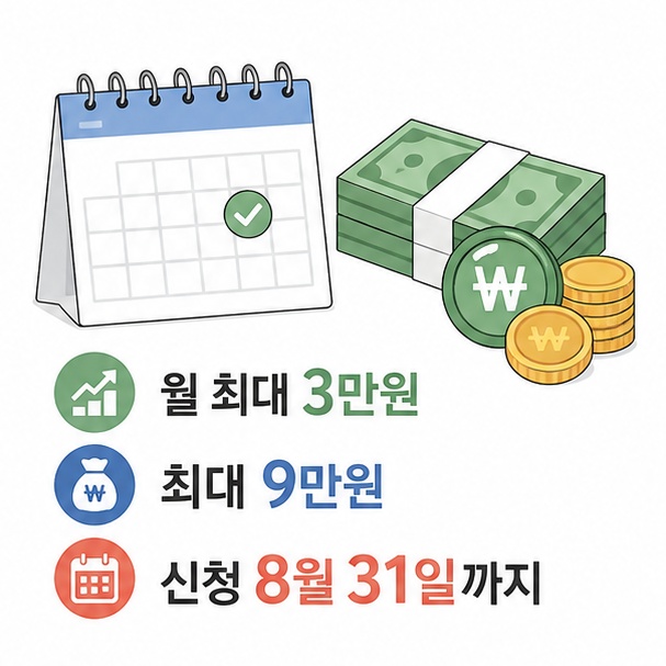 월 최대 3만 원과 최대 9만 원 환급, 2026년 8월 31일 신청 마감일을 보여주는 그림