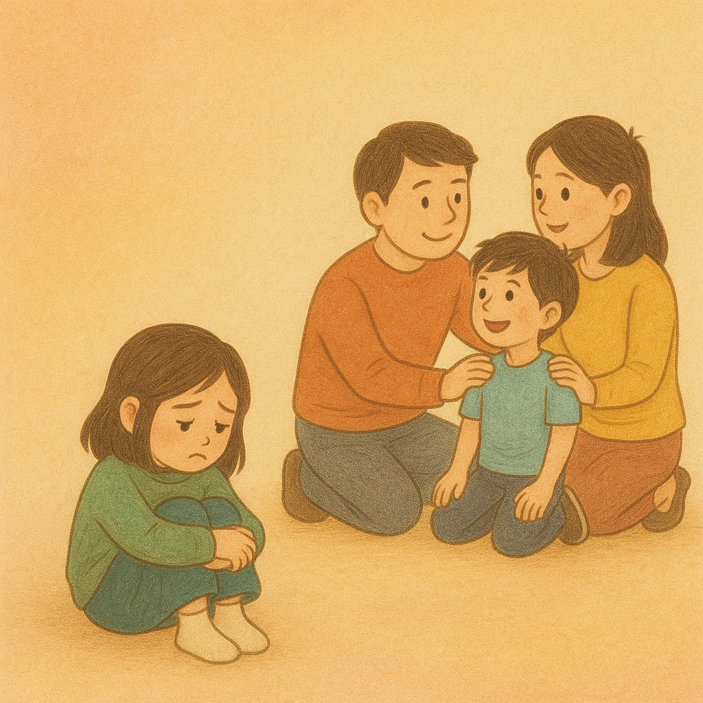 부모님이 첫째만 이뻐해서 외로움을 느끼는 둘째의 모습 그림