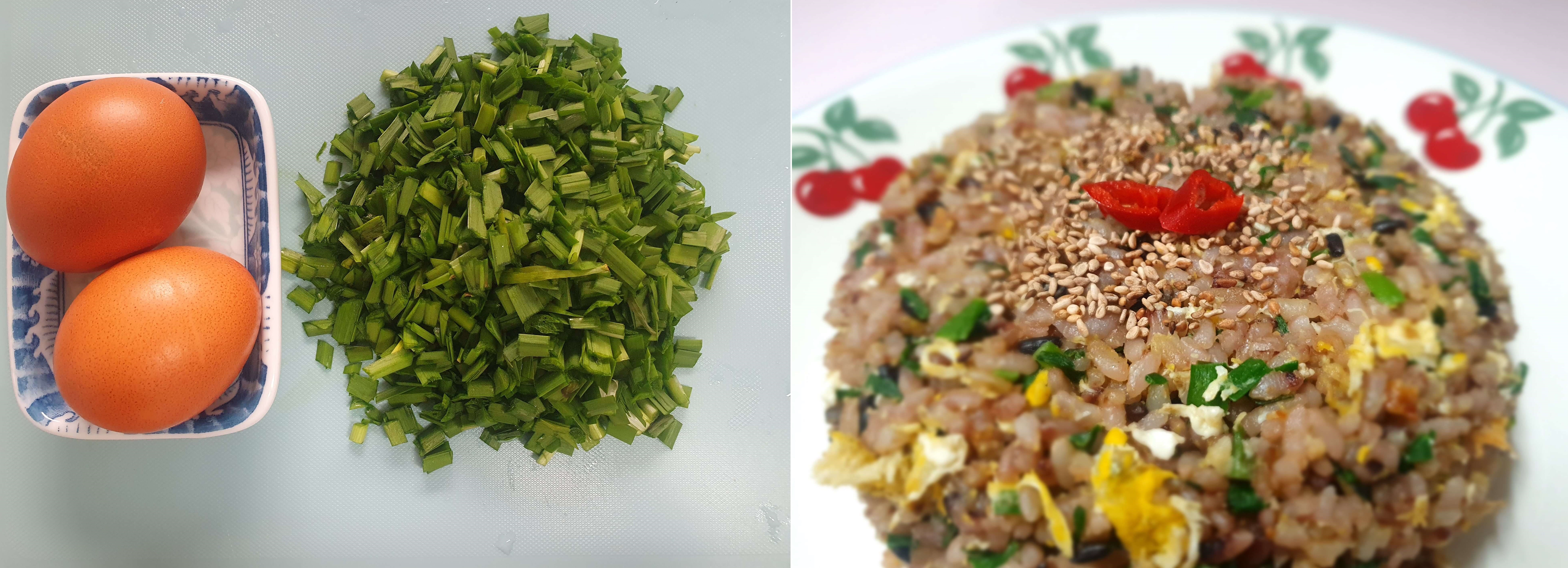 계란 2개와 잘게 썬 부추 완성된 볶음밥이 있음