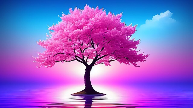 물 위에 분홍꽃이 가득 핀 나무가 서 있다. 매우 아름다운 꽃나무다.