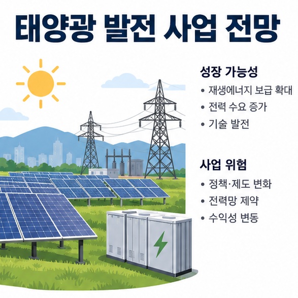 태양광 발전 사업 전망 문구와 태양광 패널 전력망 배터리를 함께 보여주는 대표 인포그래픽