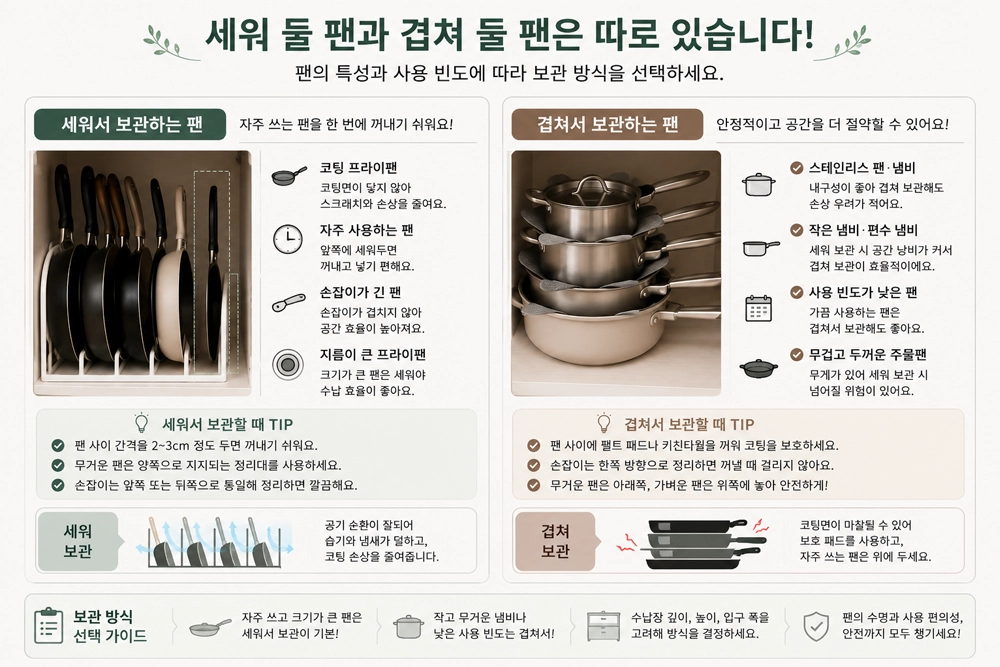 코팅 프라이팬과 자주 사용하는 팬은 세워 보관하고, 스테인리스 냄비와 사용 빈도가 낮은 팬은 겹쳐 보관하는 기준을 비교한 인포그래픽 이미지로, 무거운 주물팬은 낮고 안정적인 위치에 단독 보관하고 팬 양쪽에 손가락이 들어갈 정도의 여유를 두는 등 올바른 프라이팬 정리법과 냄비 보관 방법을 설명하는 주방 수납 가이드