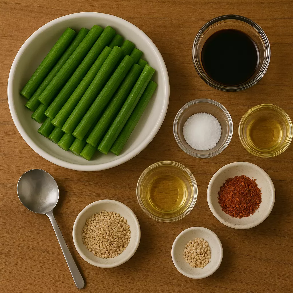 마늘쫑볶음에 필요한 재료 모음|간장, 들기름, 설탕, 고춧가루 등 집에 있는 재료로 간단하게 만드는 밑반찬