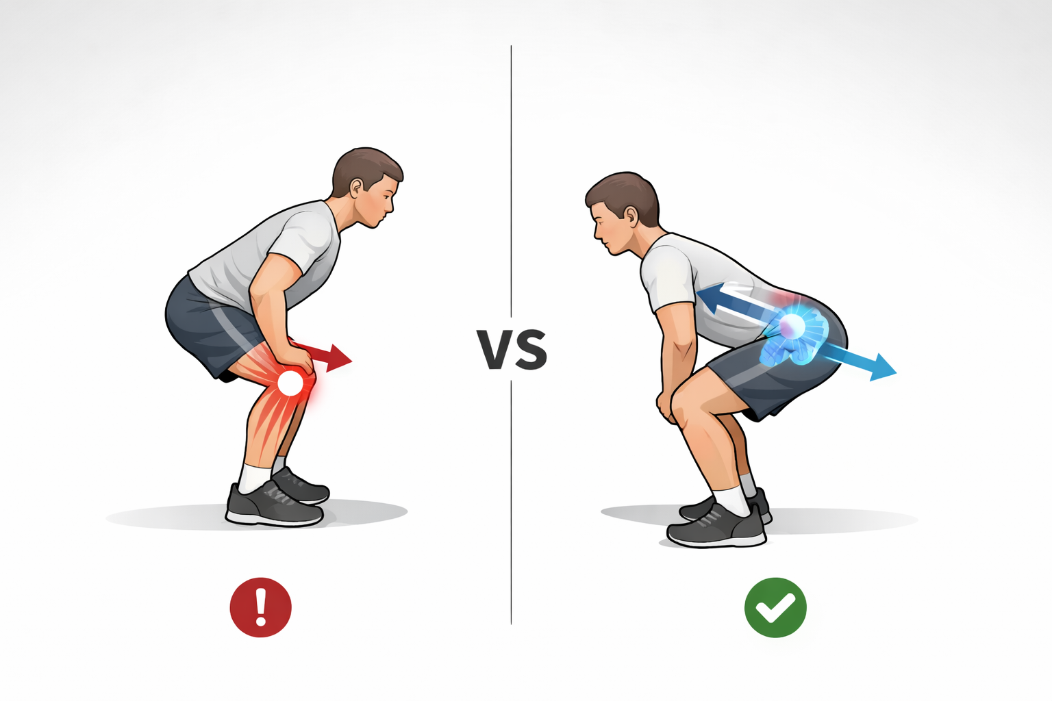 무릎이 과도하게 앞으로 나가고 엉덩이는 거의 움직이지 않는 스쿼트 vs 엉덩이가 뒤로 빠지며 고관절이 먼저 접히는 스쿼트 비교
