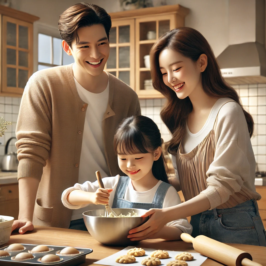 밝은 주방에서 딸이 쿠키 반죽을 섞고 부모가 따뜻하게 지켜보는 모습. 가족 간의 즐거운 베이킹 시간