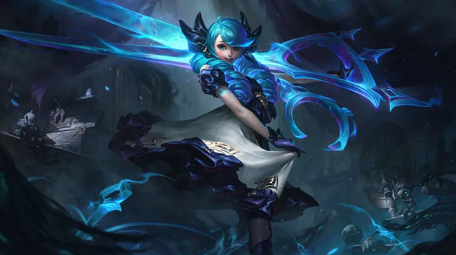 오브 레전드(LoL)의 캐릭터 &lsquo;그웬(Gwen)&rsquo;의 전투 모션 무기 가위 들고있는 게임캐릭터 사진