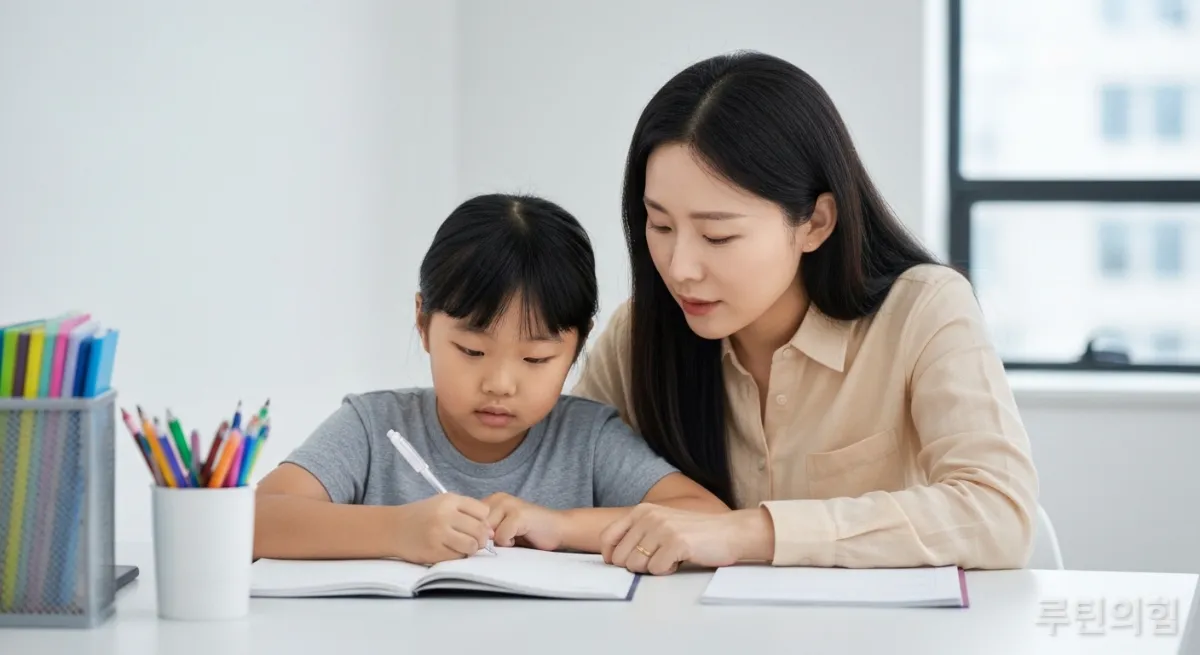부모의 지도 아래 한 가지 공부에 집중하고 있는 한국 아이와 부모의 모습