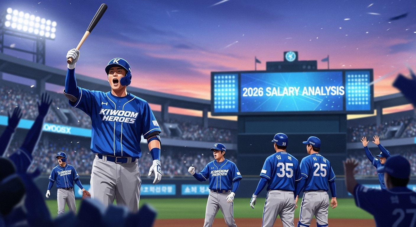 2026시즌 키움 히어로즈의 연봉 공개를 축하하는 선수들의 역동적인 모습이 담긴 디지털 아트. 파란색과 회색 유니폼을 입은 선수들이 경기장에서 환호하며 팀의 미래를 상징합니다.