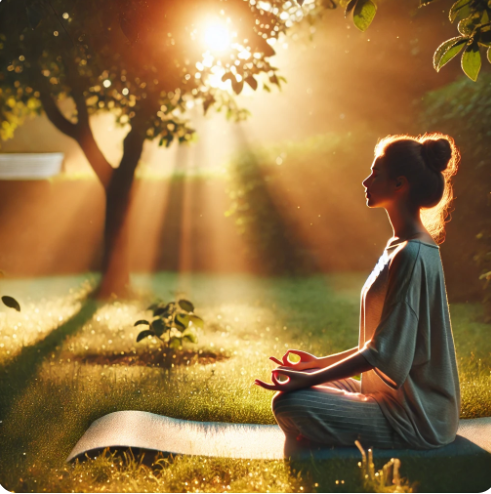 아침에 햇빛 쬐면서 명사하는 여성의 모습