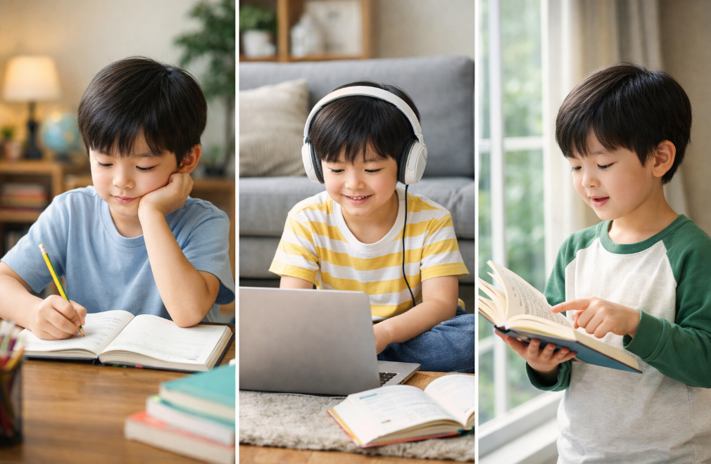 집에서 공부하는 아이들