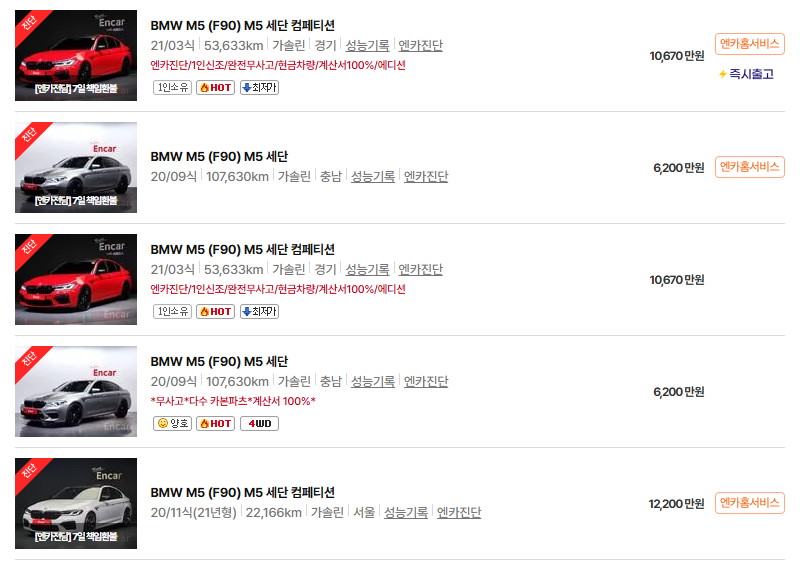 BMW M5 중고차 가격 시세표 고속 시내 연비