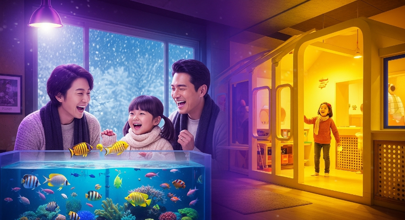 2025년 겨울, 서울 근교의 따뜻하고 활기찬 실내 액티비티 공간에서 아이들과 부모가 즐겁게 노는 모습. 수족관의 다채로운 물고기를 보거나 키즈카페에서 신나게 활동하는 아이들의 모습이 담겨있다.