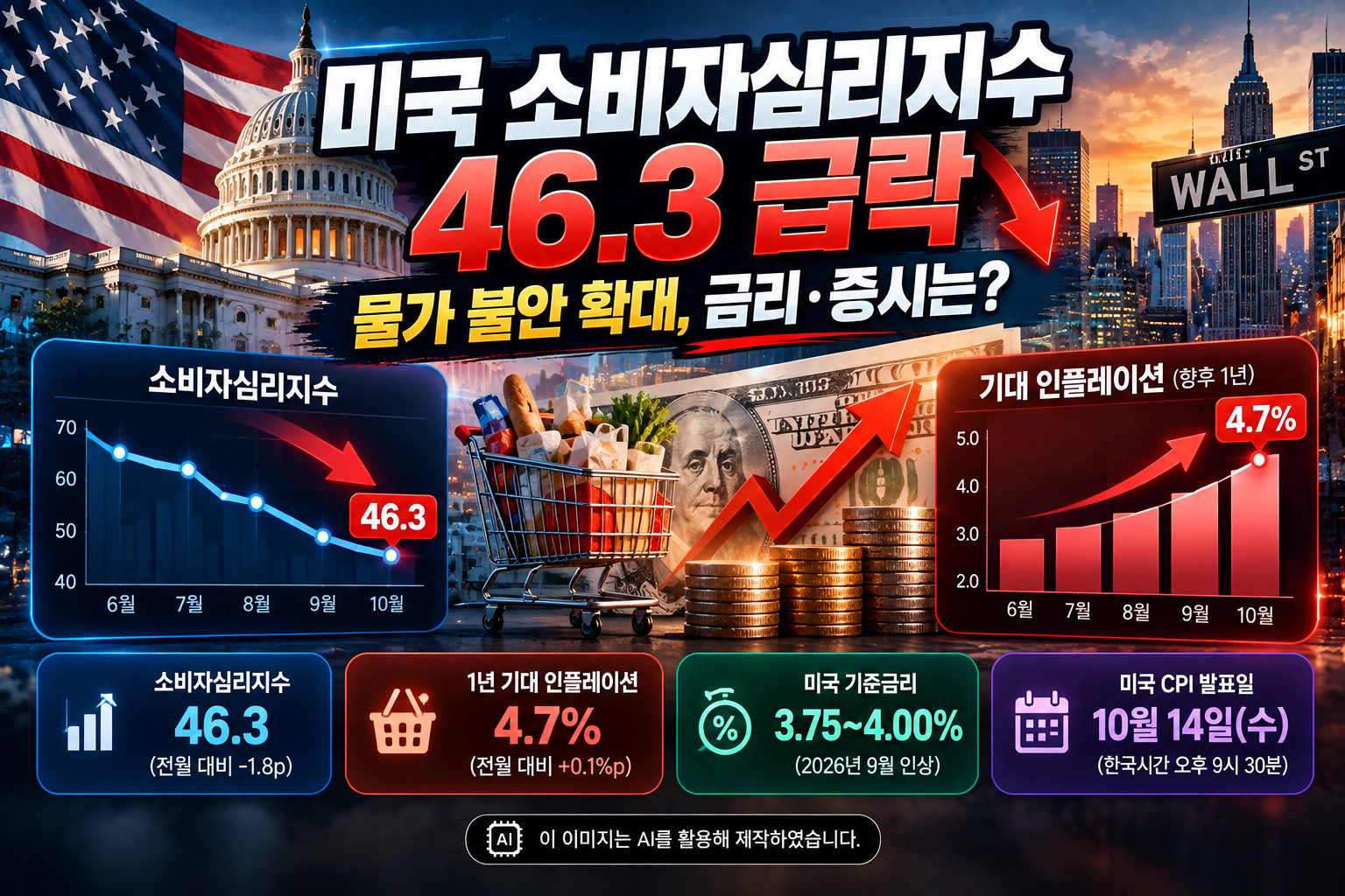 2026년 10월 미국 소비자심리지수 46.3 하락과 1년 기대 인플레이션 4.7% 상승, 미국 기준금리 및 CPI 발표가 주식시장에 미치는 영향을 나타낸 경제 인포그래픽