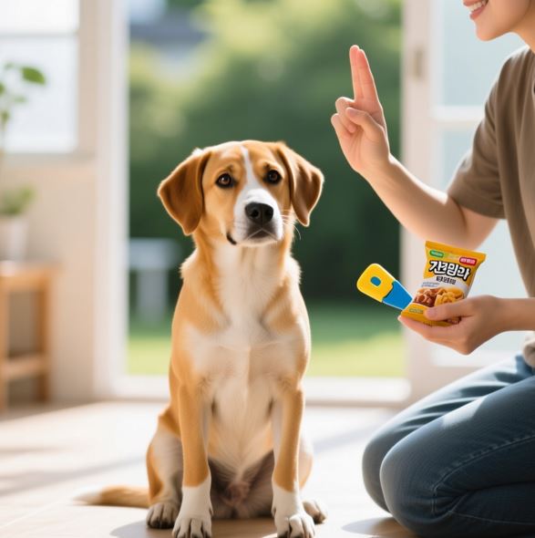 강아지와 보호자가 '앉아' 를 훈련하는 모습