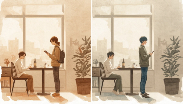 억지로 캐묻지 않고, 과하게 감정을 흔들지 않으면서, 필요할 때 자연스럽게 곁에 있어 주는 사람. ISTP는 그런 관계 안에서 조금씩 경계를 내려놓는다에 관한 그림입니다