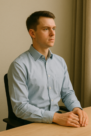 책상 앞에서 바른 자세로 앉아 있는 남성