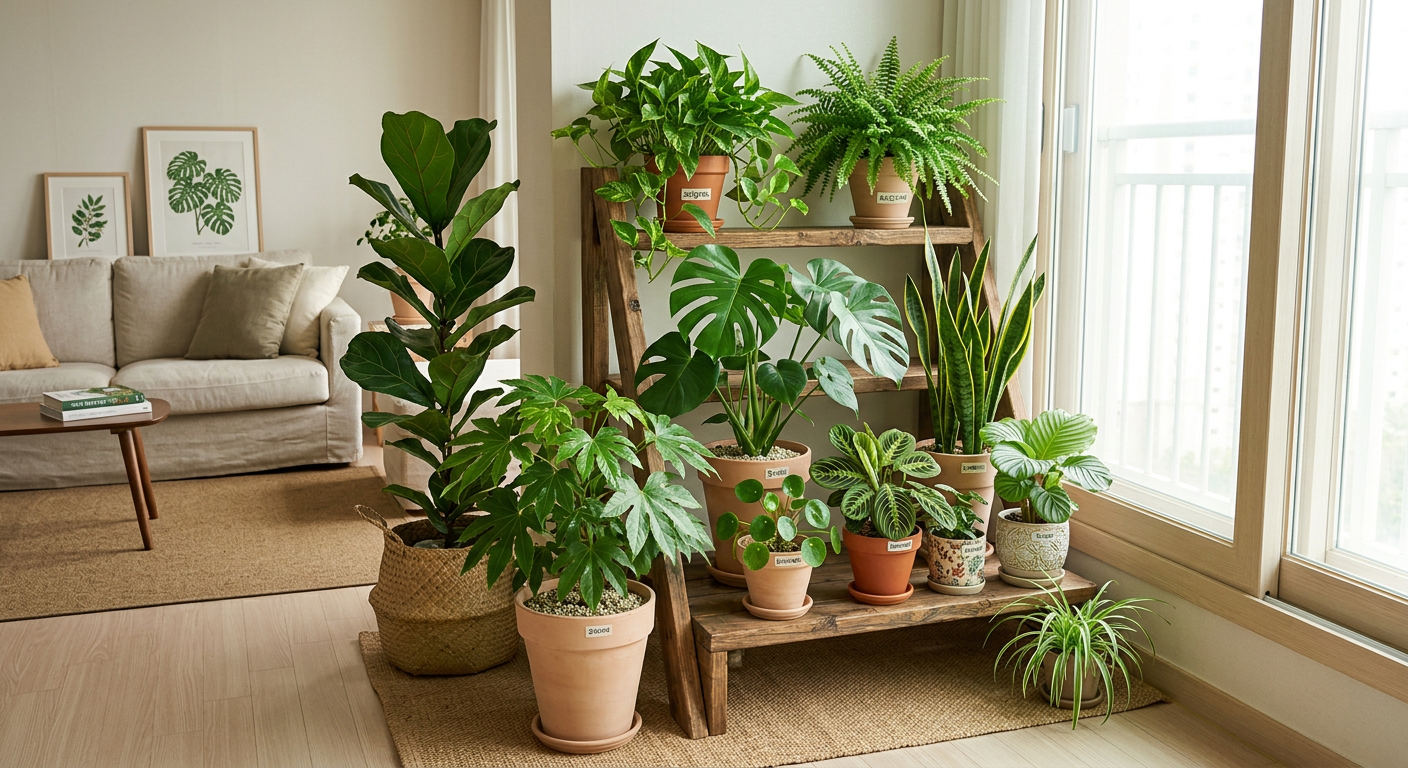 실내에서 함께 배치한 동반 식물 조합과 플랜테리어 구성 모습