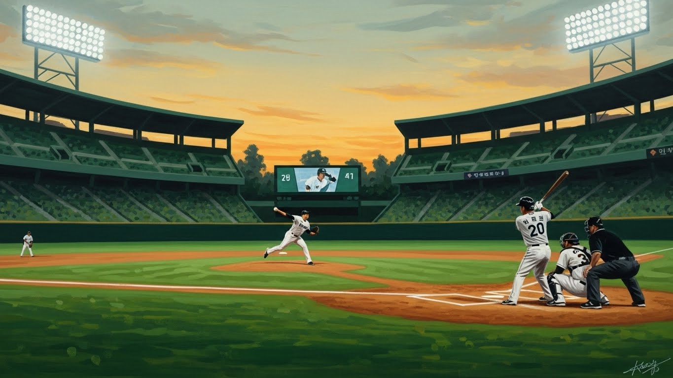 2026 KBO 시즌, 투수와 타자의 팽팽한 대결 구도를 역동적으로 표현한 야구 경기장 전경.
