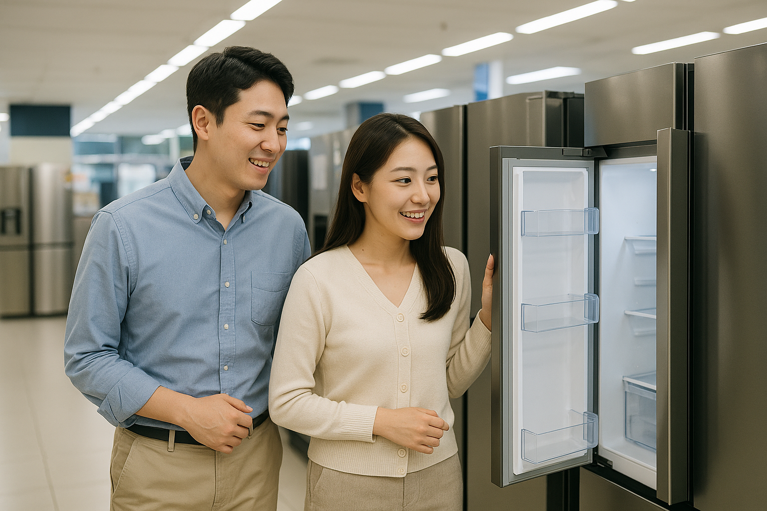 가전매장에서 냉장고를 보고있는 신혼 부부