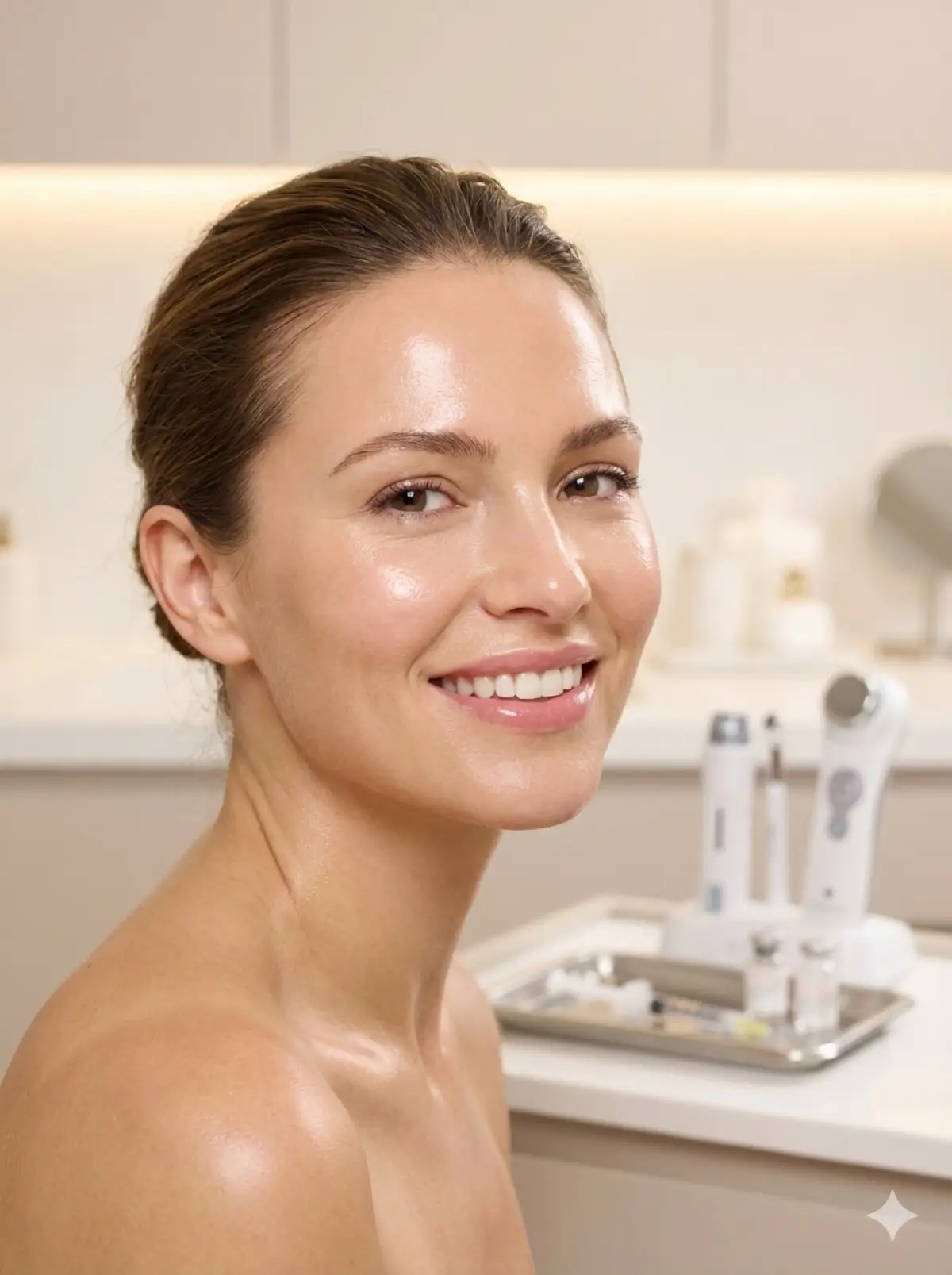 피부과 베드에 누워 주사를 맞기 전 긴장한 모습과 깨끗하게 빛나는 물광 피부의 대조적인 모습