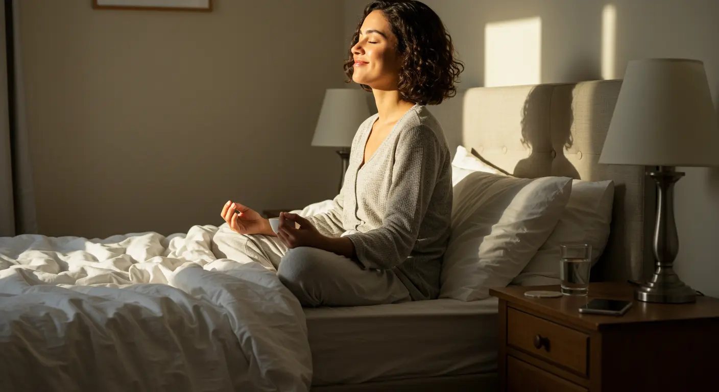 침대에 앉아 아침 햇살을 받으며 평화롭게 스트레칭하는 여성의 모습