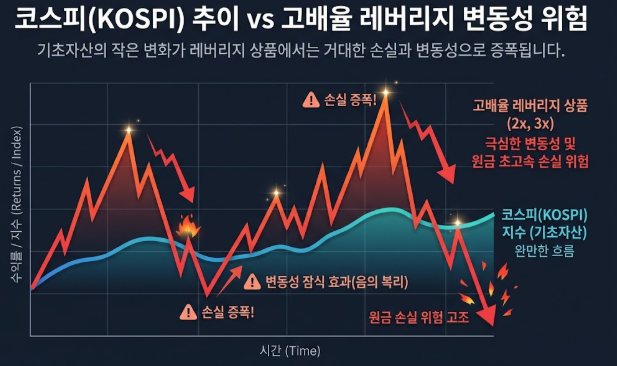 코스피 지수 추이 및 고배율 레버리지 상품의 변동성 위험을 직관적으로 보여주는 인포그래픽 그래프