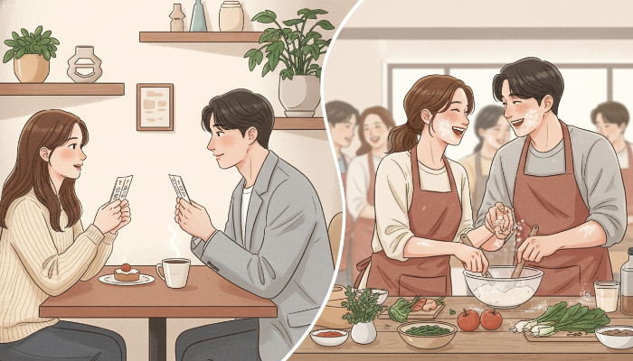 카페에서 소개팅하는 커플과 동호회에서 자연스럽게 만나는 커플이 대조를 이루는 일러스트.