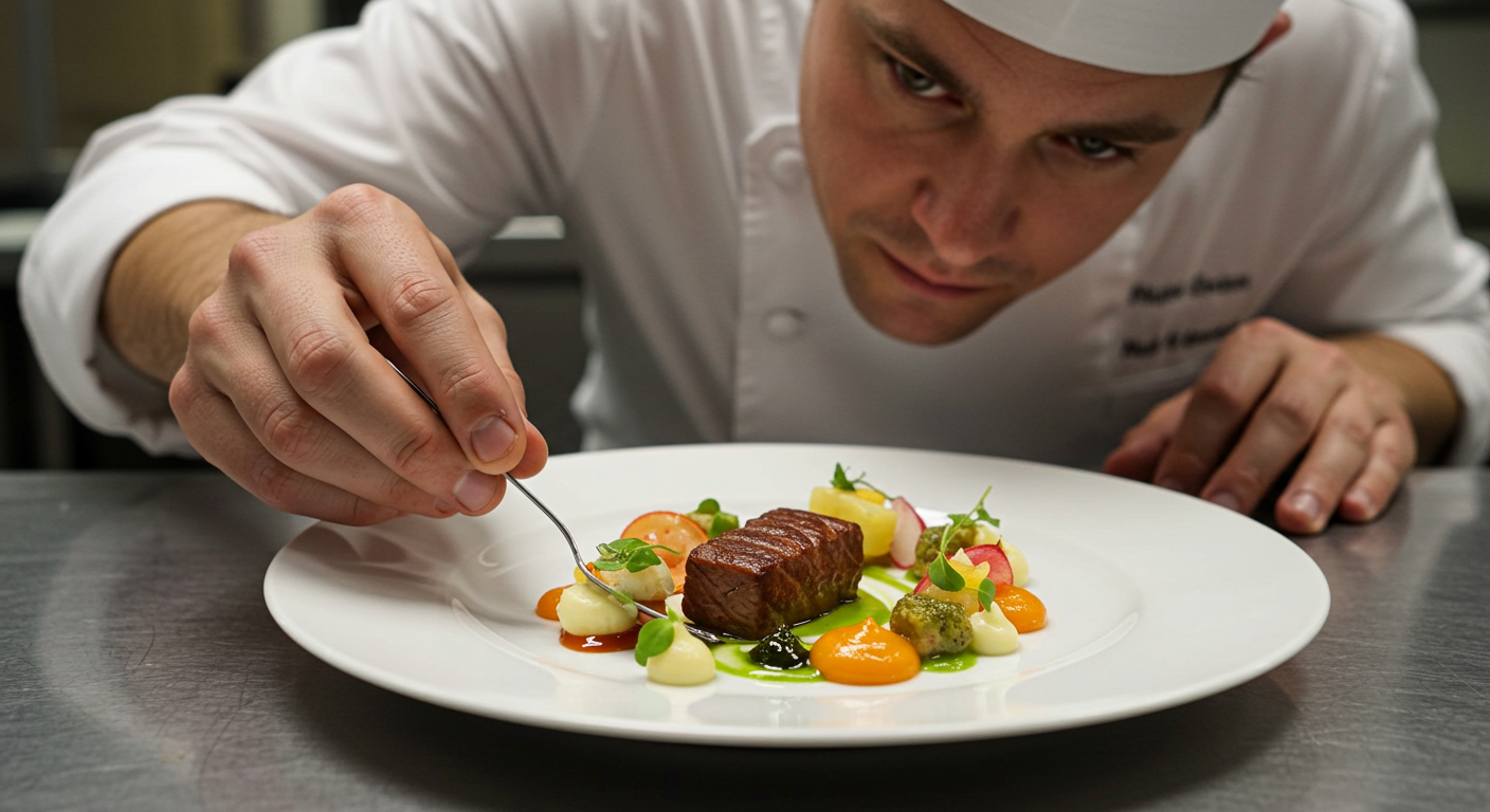 플레이팅하는 미슐랭 요리사