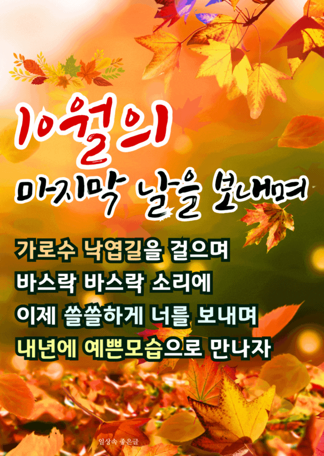 가을 단풍 배경의 10월 마지막주 인사말 이미지, 낙엽과 함께 10월을 마무리하며 겨울을 준비하는 문구, 11월 맞이 좋은글 문구, 감성적인 가을 인사 이미지, 10월 마무리 인사말